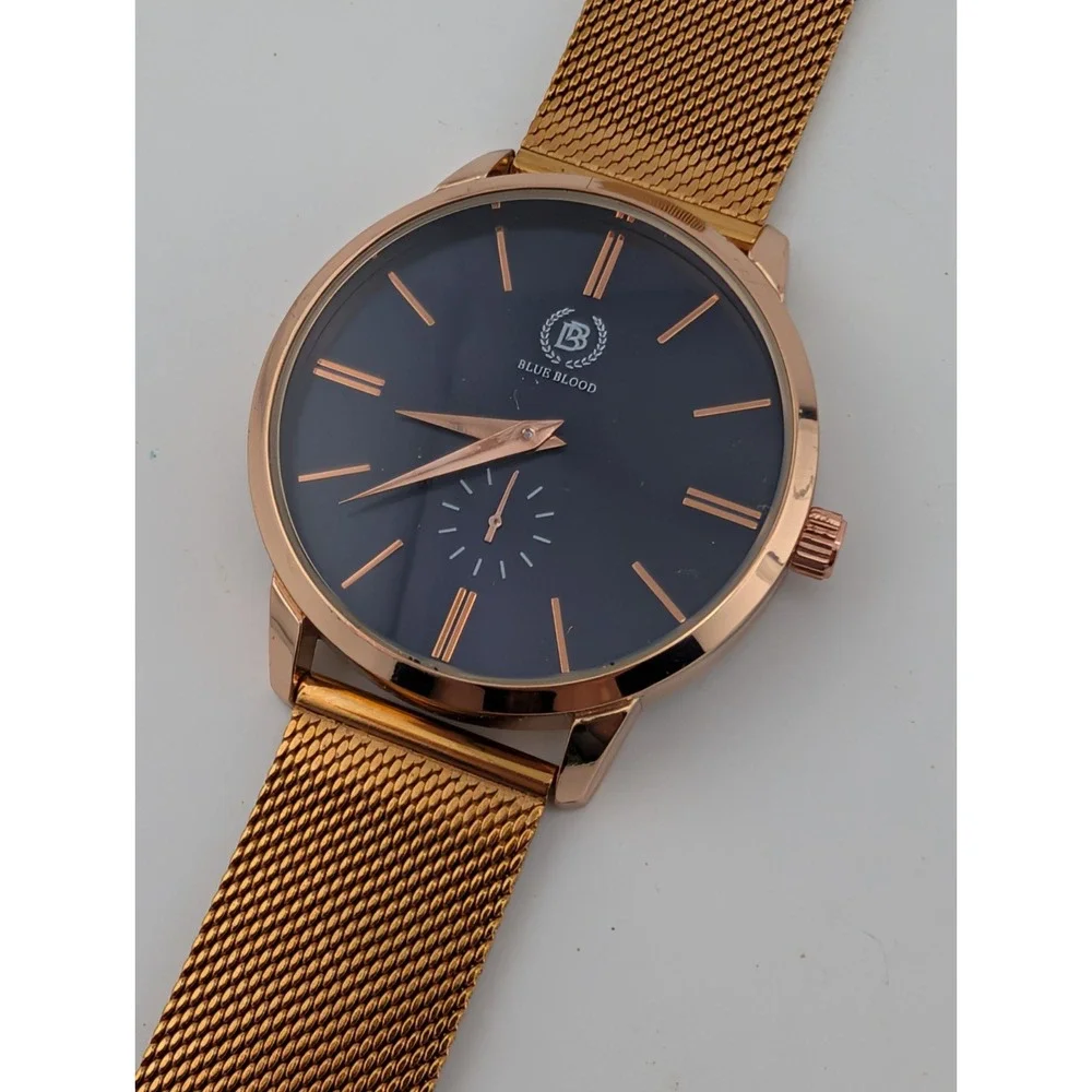 Blue Blood Men's Watch 41mm Case Blue Dial Rose Gold Mesh Metal Band New Battery